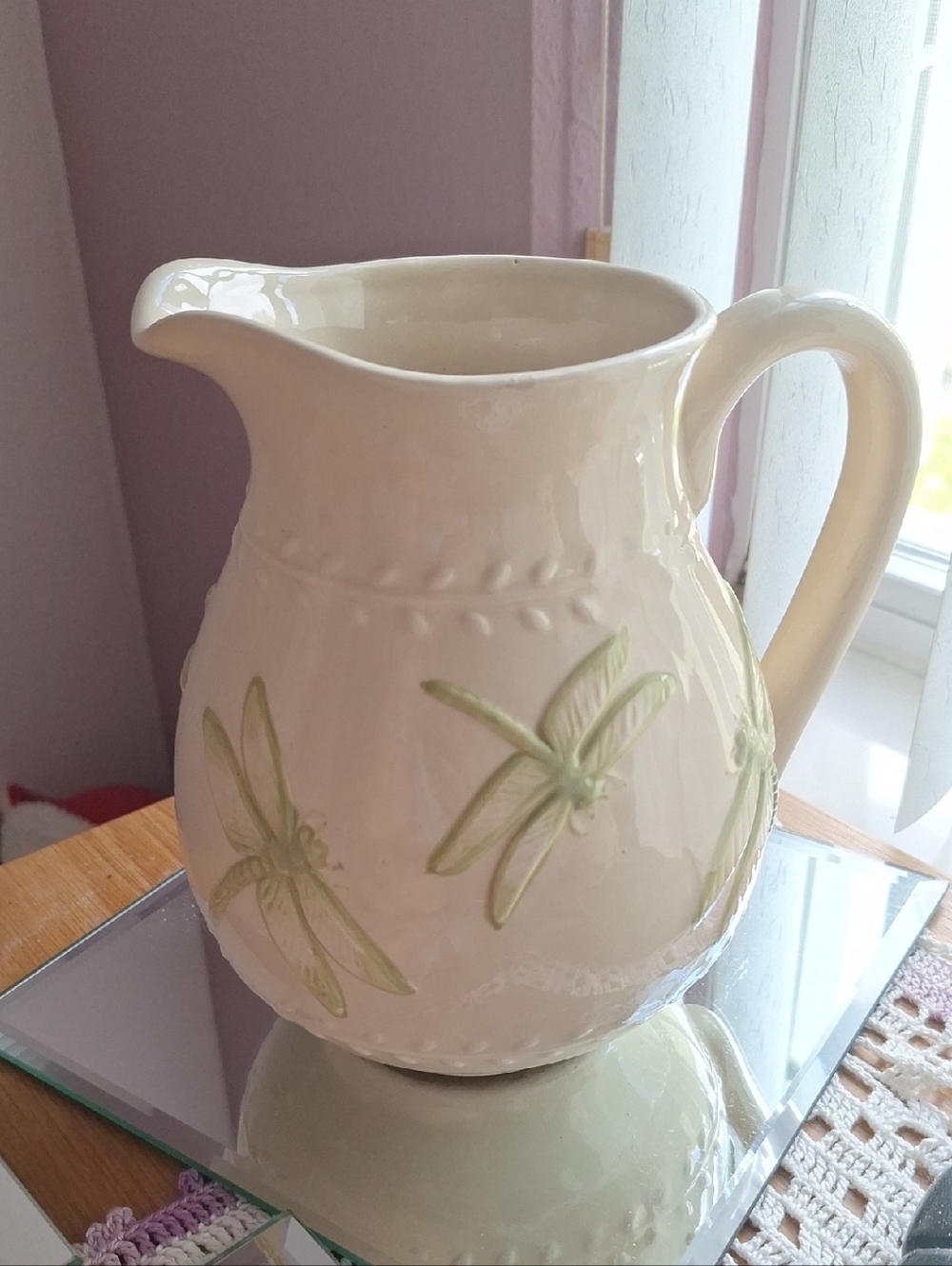 Unique Vintage Cream Ceramic Pitcher with Light Green Dragonfly Accents